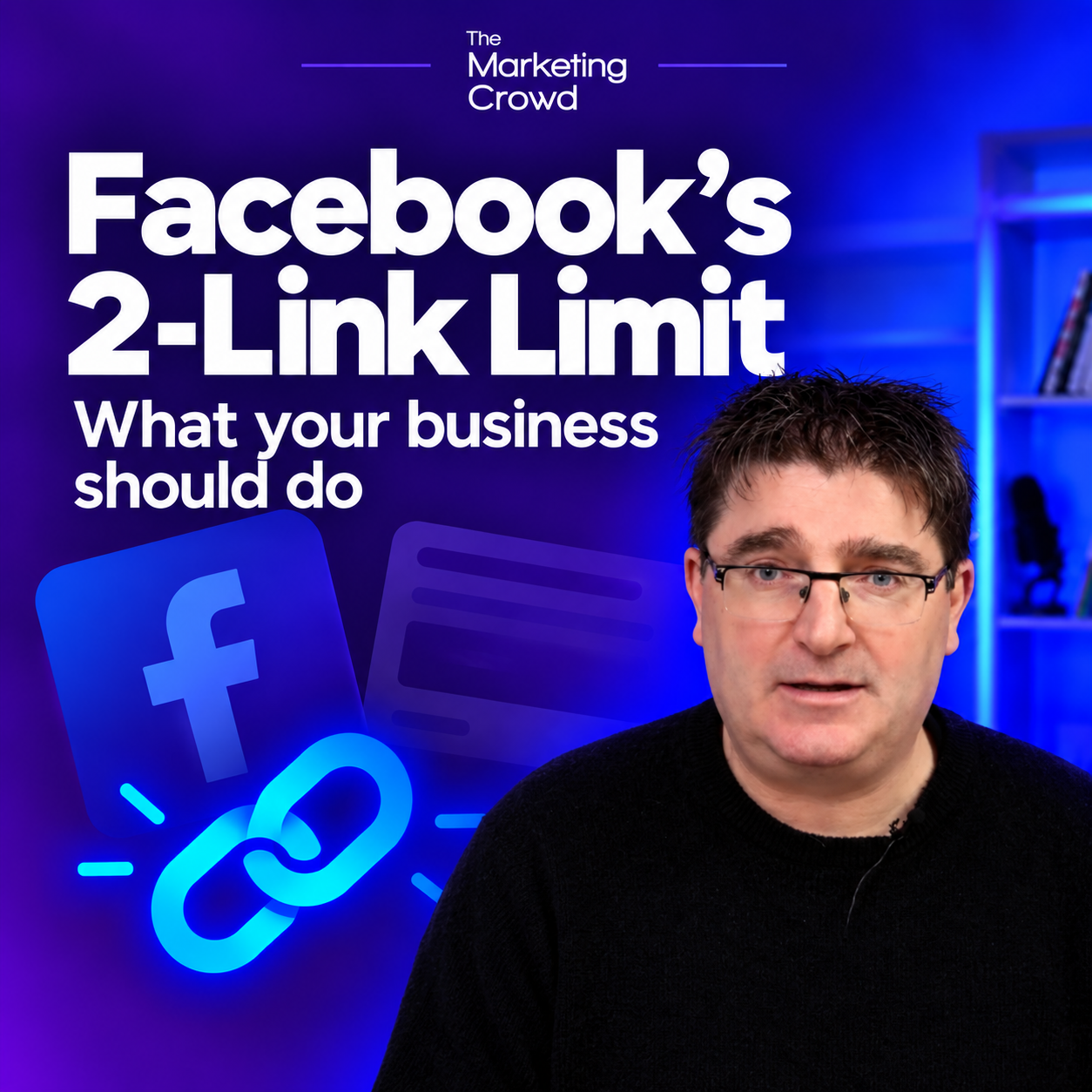 Evan Mangan wearing glasses alongside Facebook’s two-link limit advice